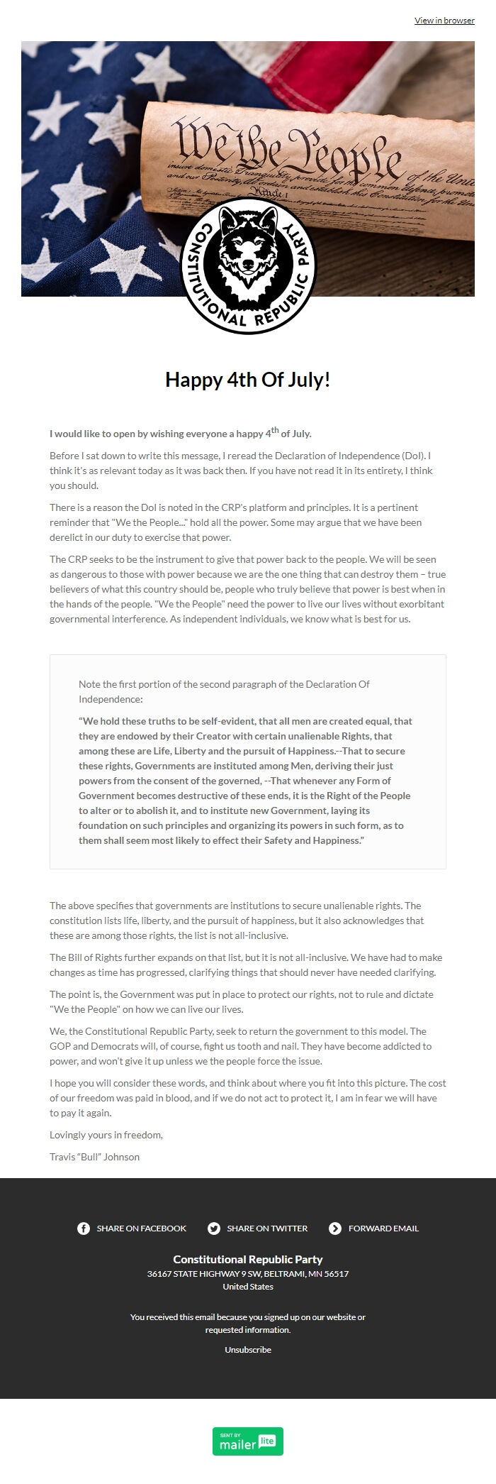 Screenshot of the email generated on import