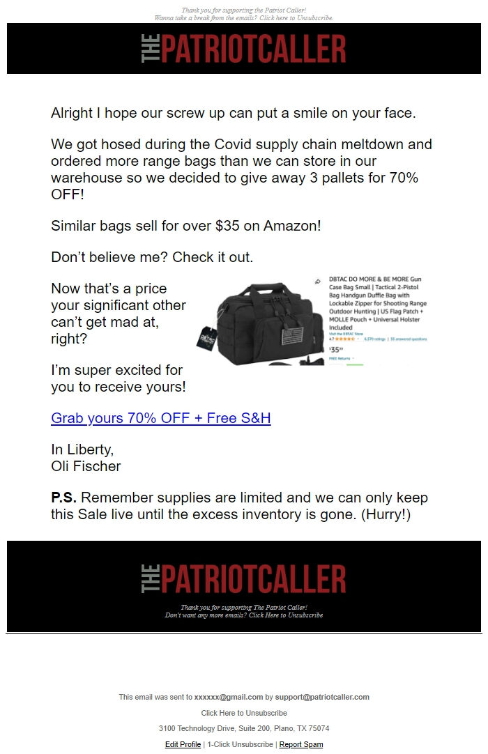 Screenshot of the email generated on import