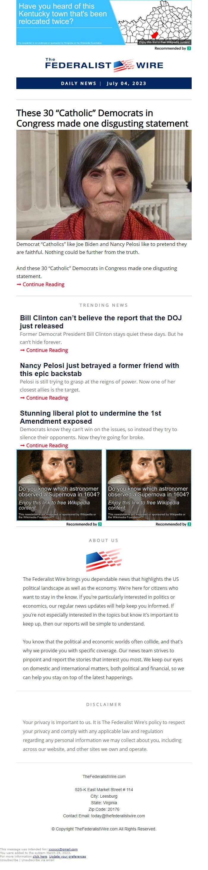 Screenshot of the email generated on import