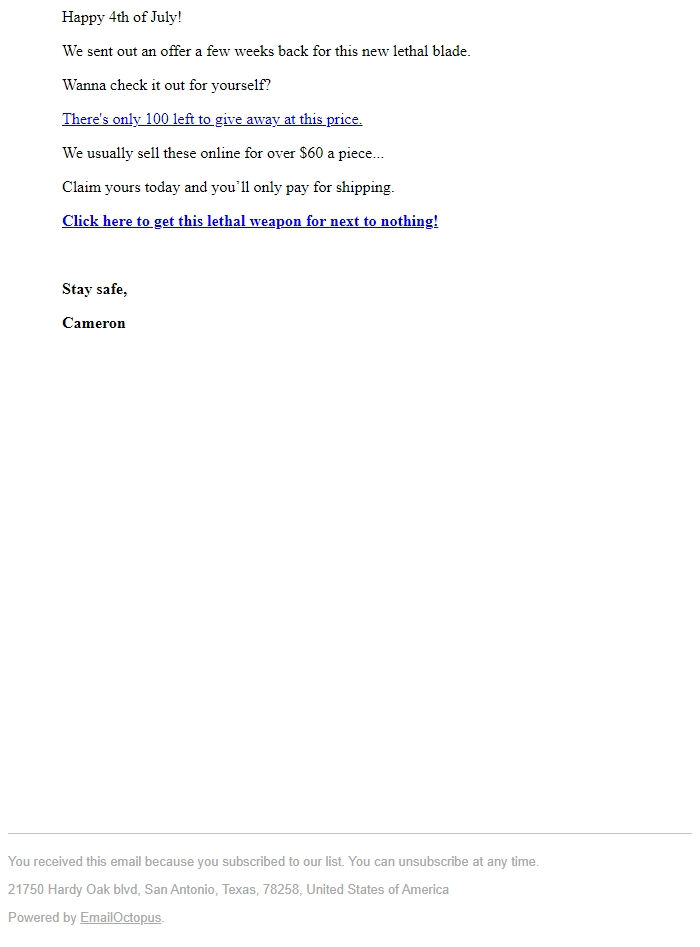 Screenshot of the email generated on import