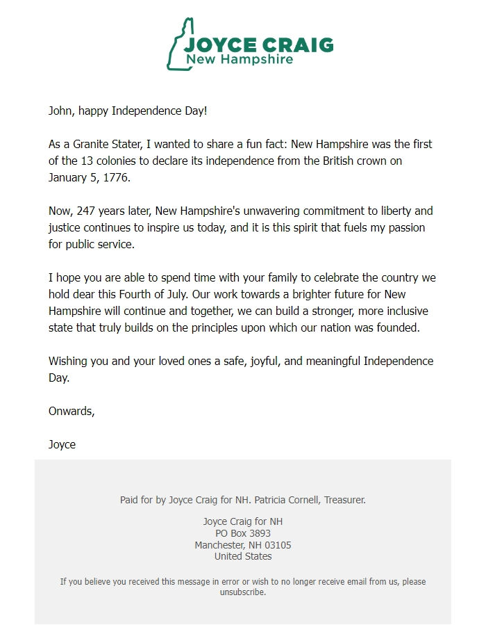 Screenshot of the email generated on import