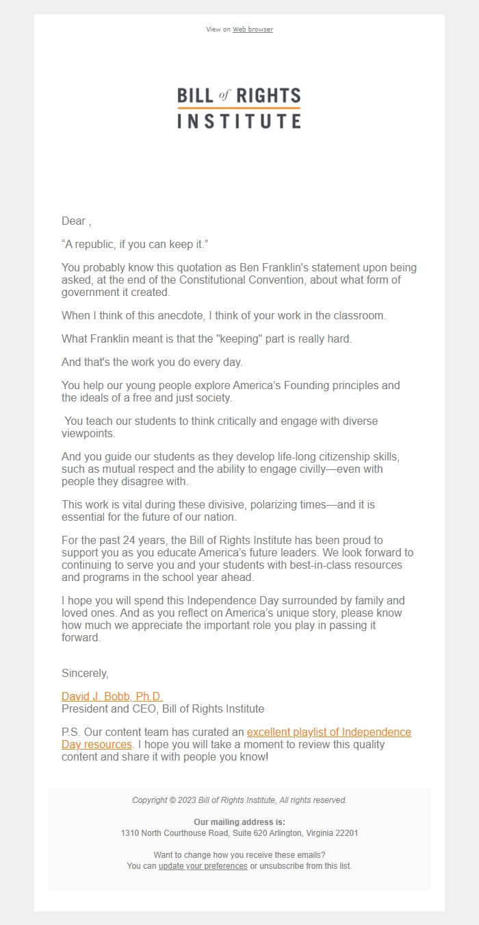 Screenshot of the email generated on import
