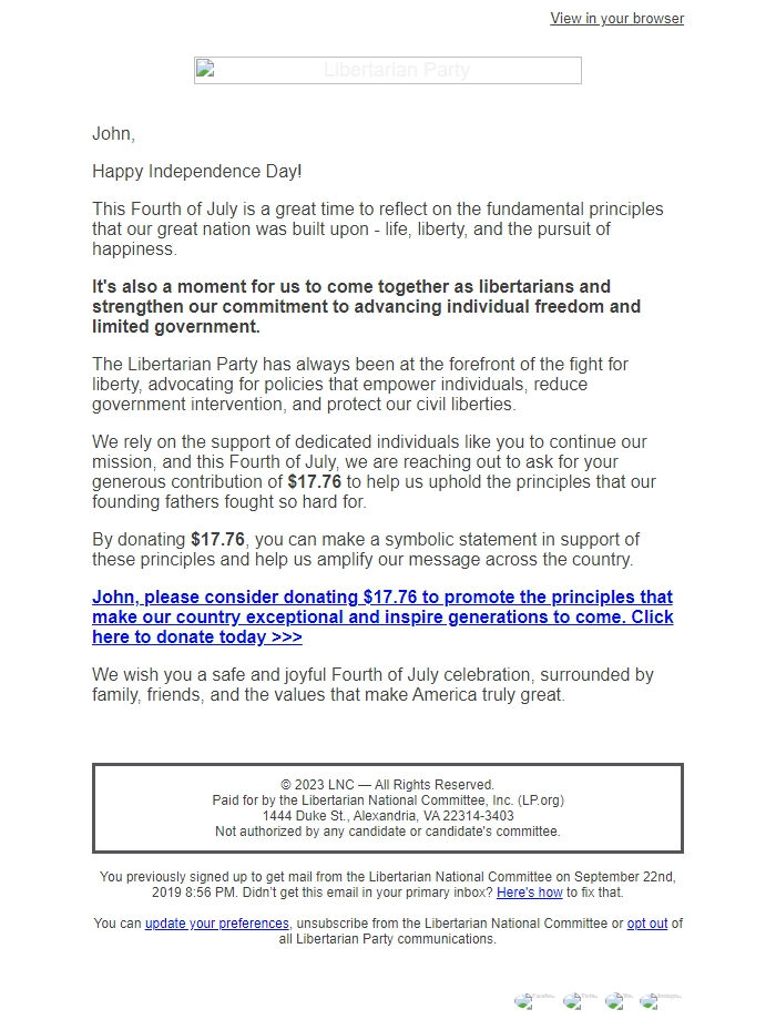 Screenshot of the email generated on import