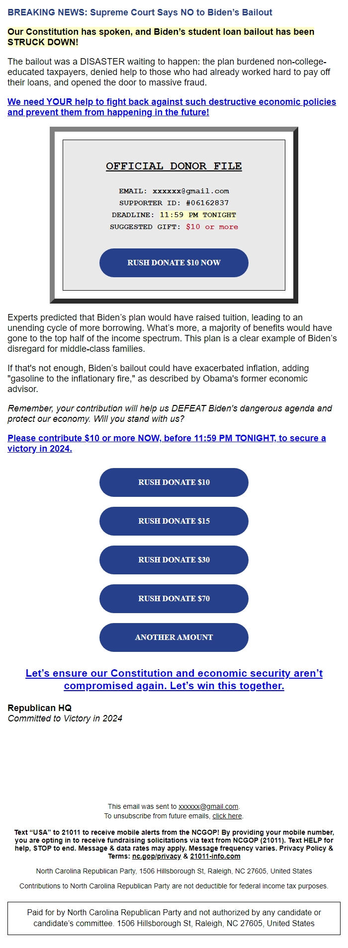 Screenshot of the email generated on import