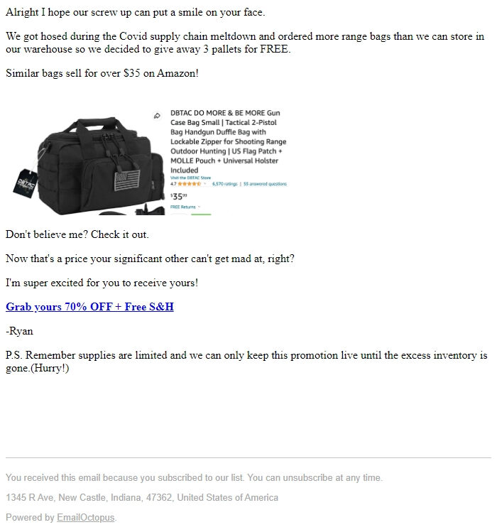 Screenshot of the email generated on import