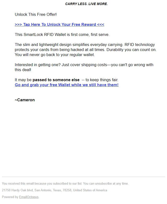 Screenshot of the email generated on import