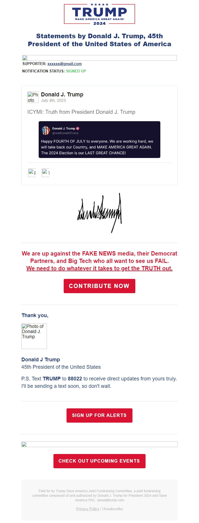 Screenshot of the email generated on import