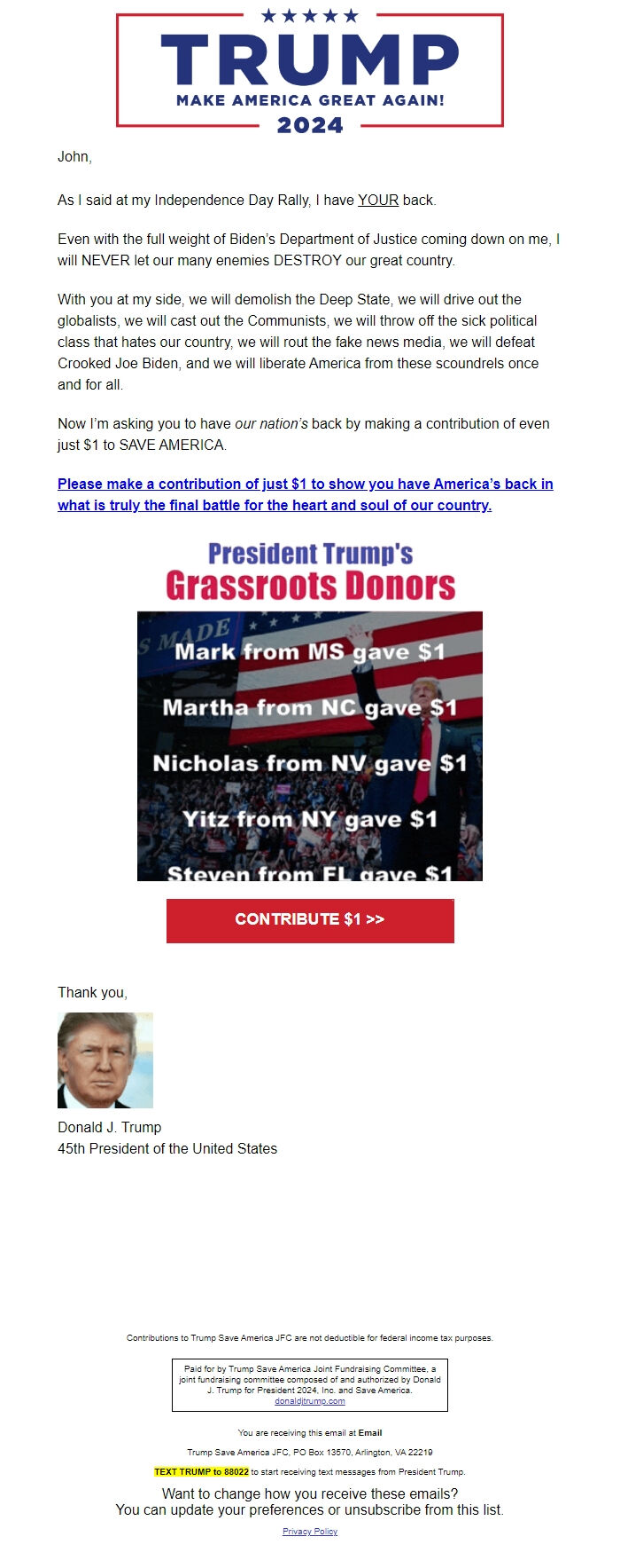 Screenshot of the email generated on import
