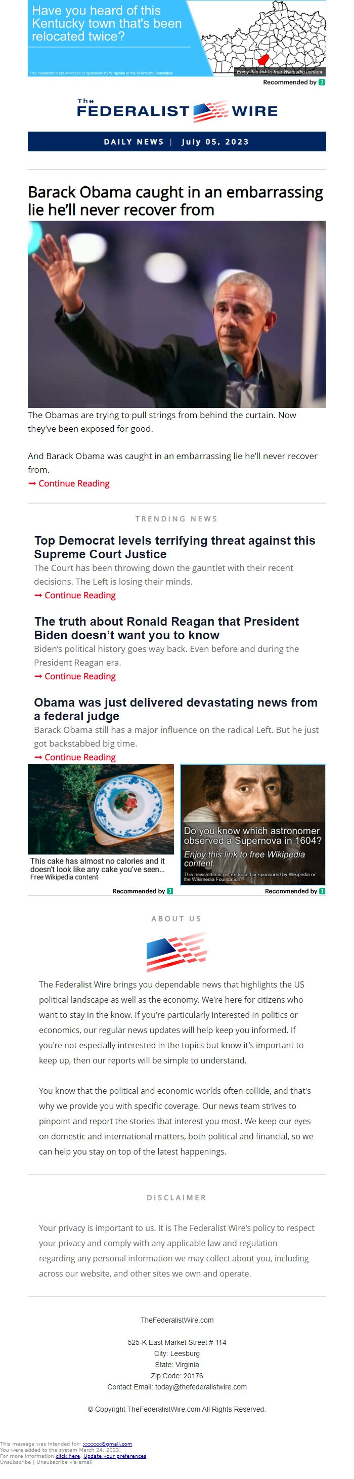 Screenshot of the email generated on import