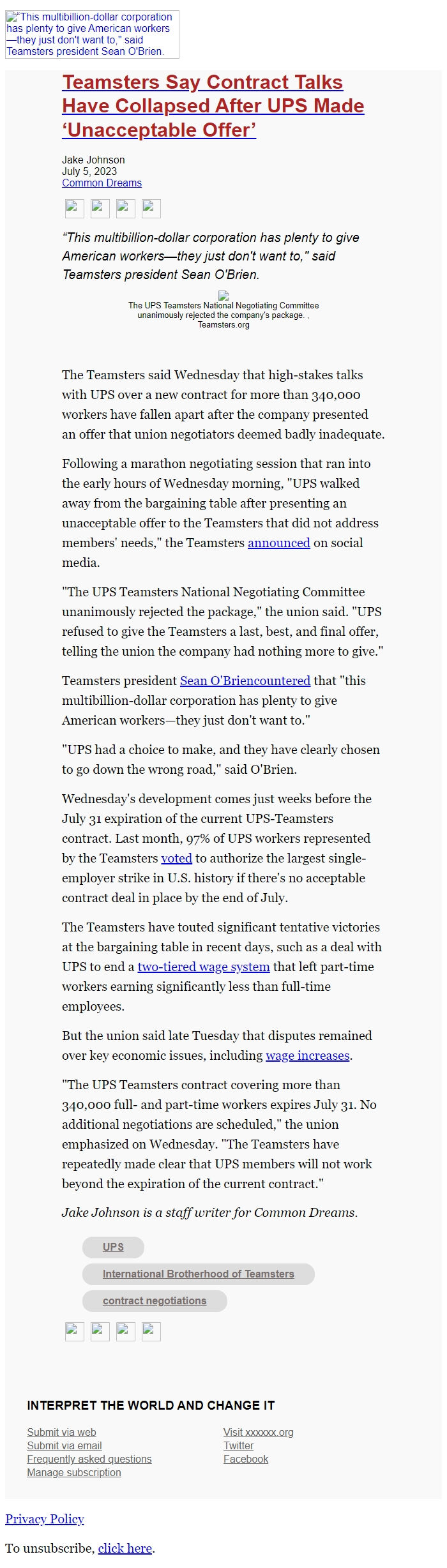 Screenshot of the email generated on import