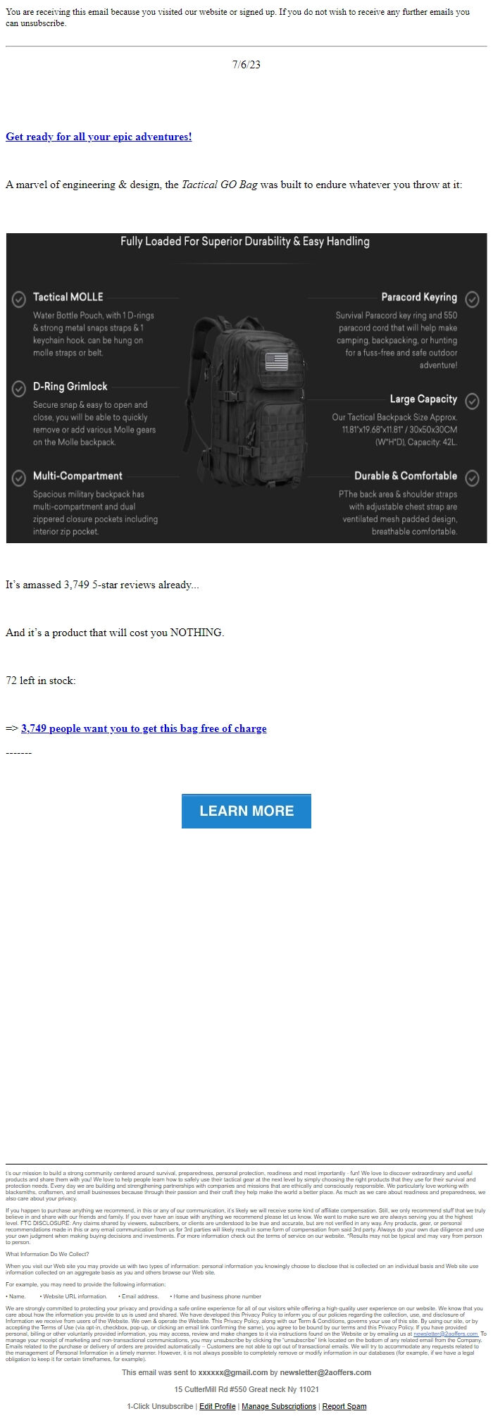 Screenshot of the email generated on import