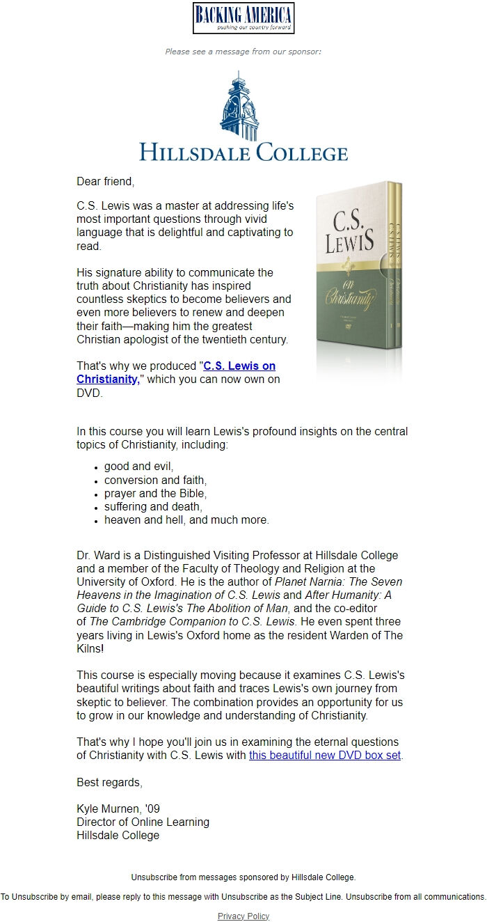 Screenshot of the email generated on import
