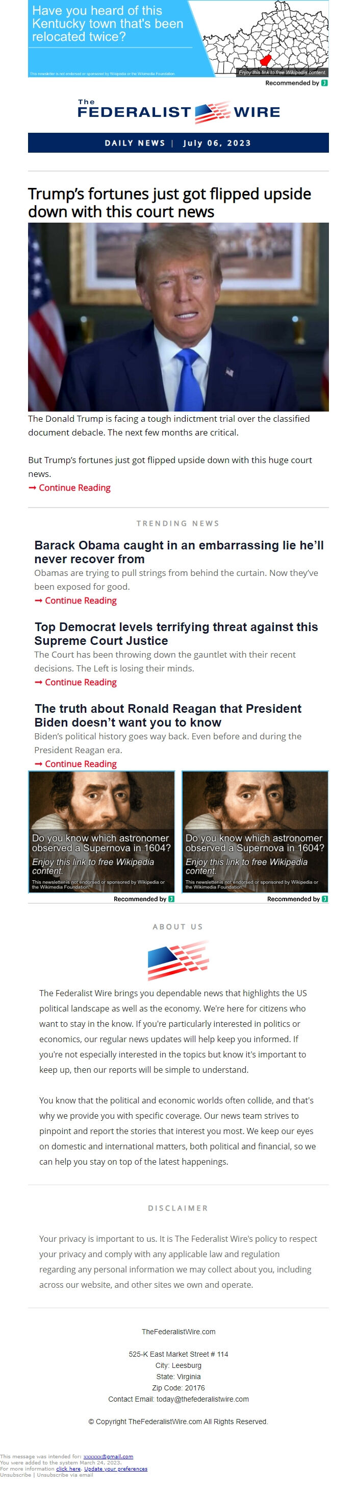 Screenshot of the email generated on import