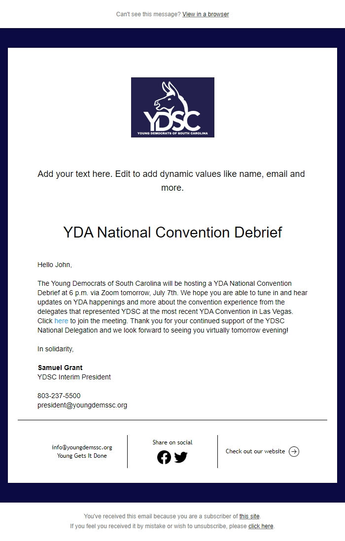 Screenshot of the email generated on import