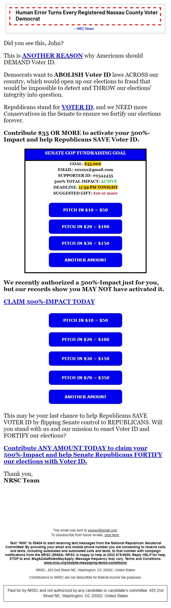 Screenshot of the email generated on import