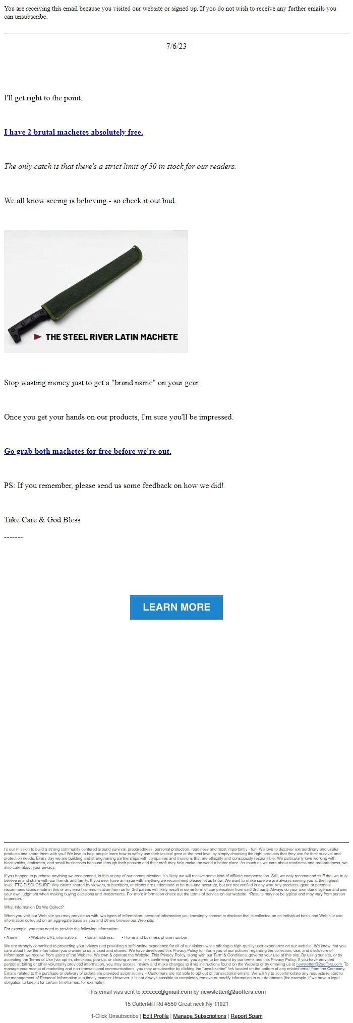 Screenshot of the email generated on import