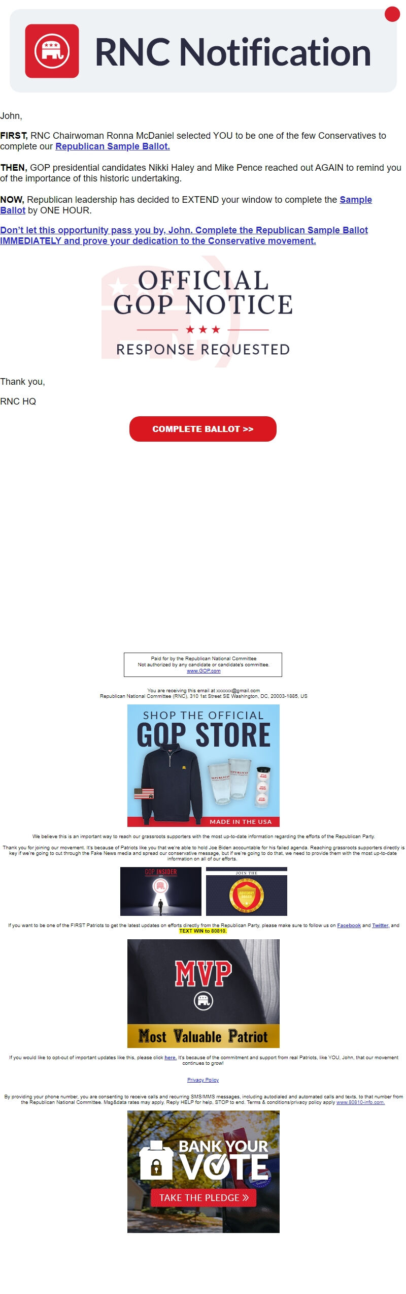 Screenshot of the email generated on import