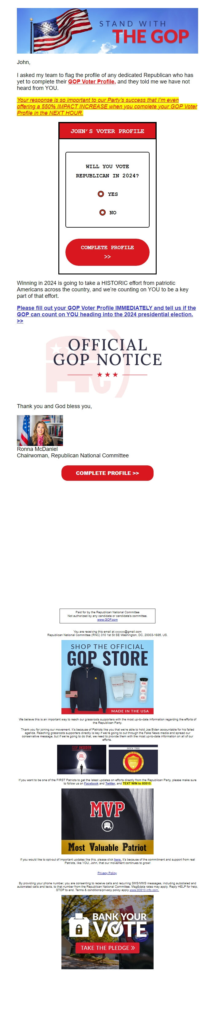 Screenshot of the email generated on import