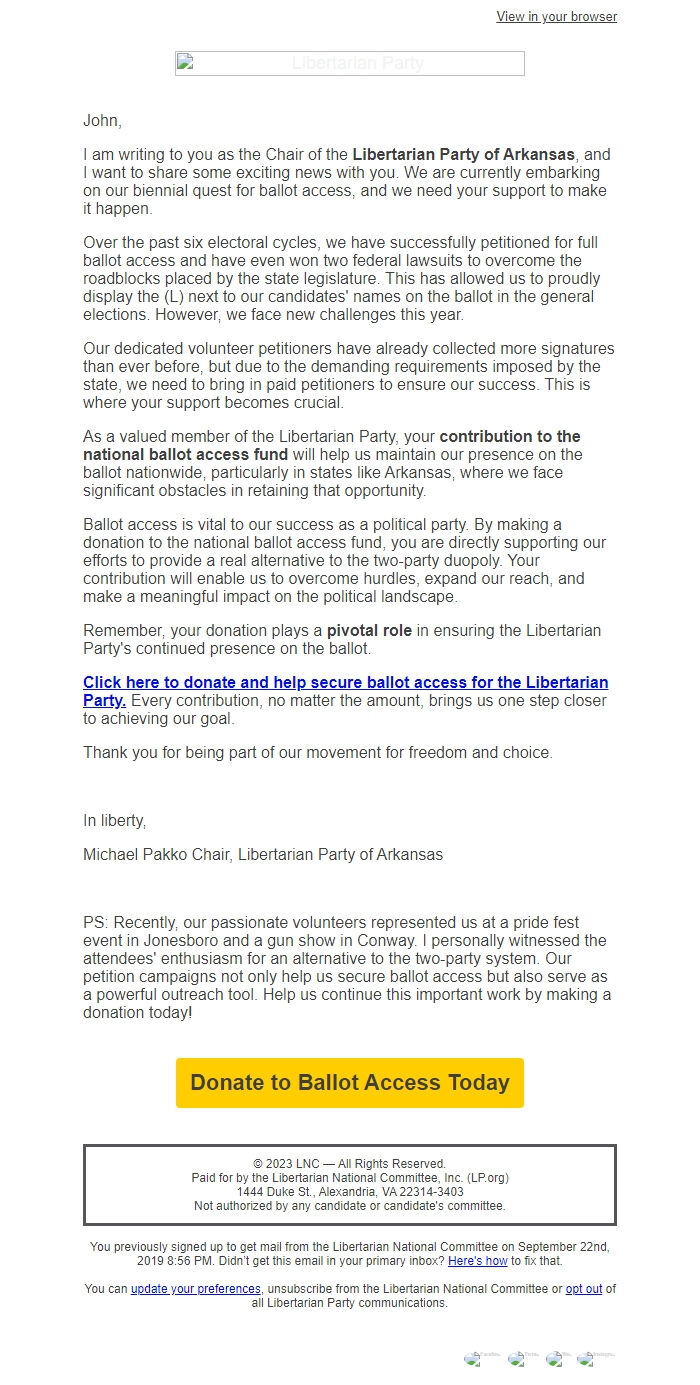Screenshot of the email generated on import