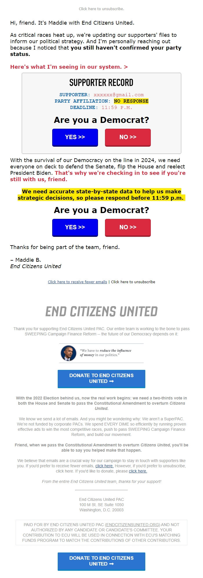 Screenshot of the email generated on import