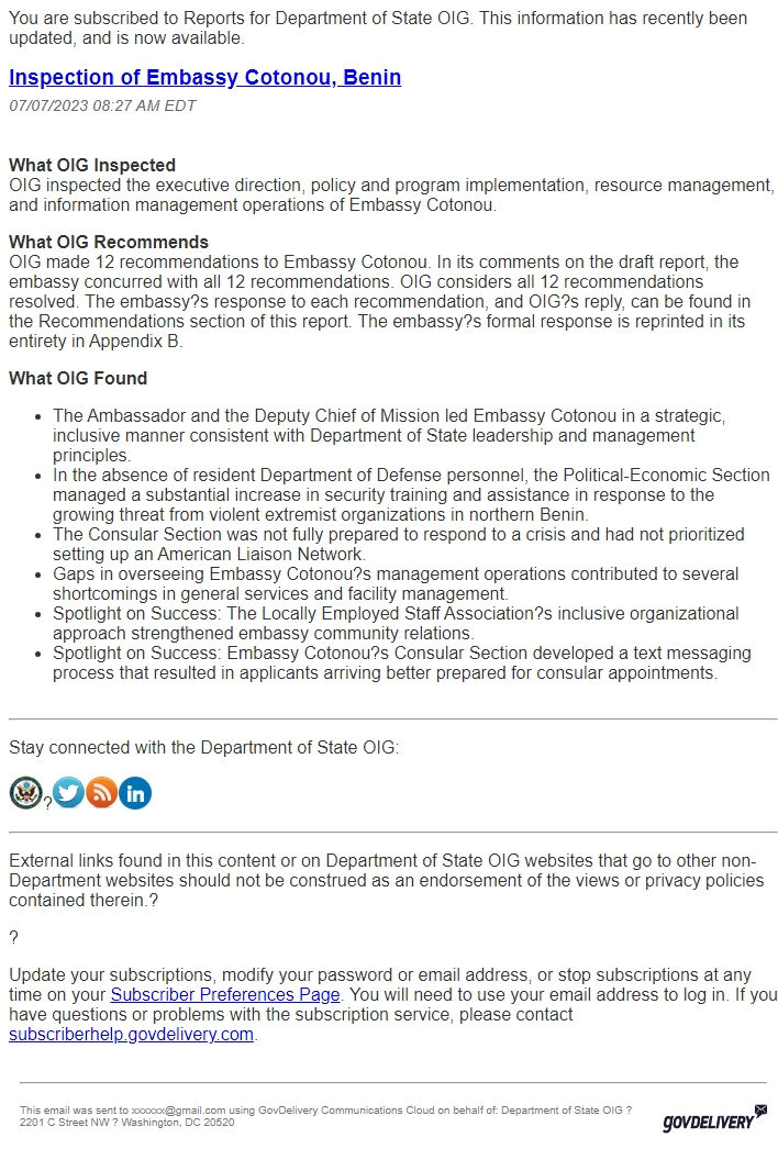 Screenshot of the email generated on import