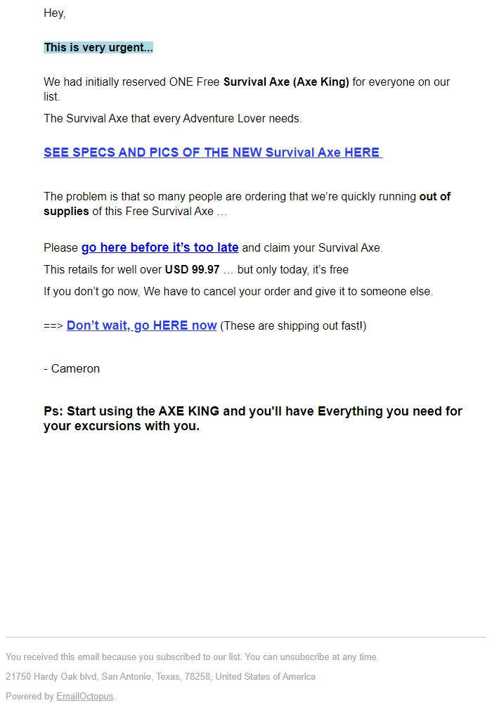 Screenshot of the email generated on import