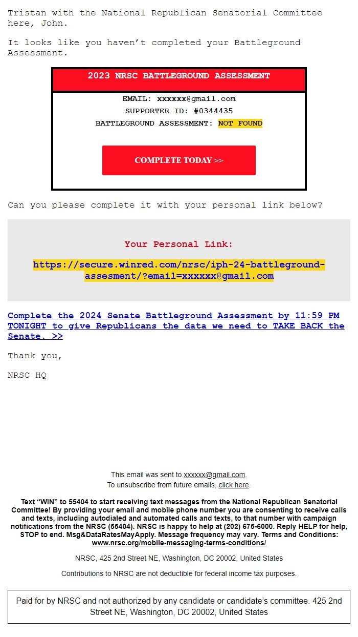 Screenshot of the email generated on import