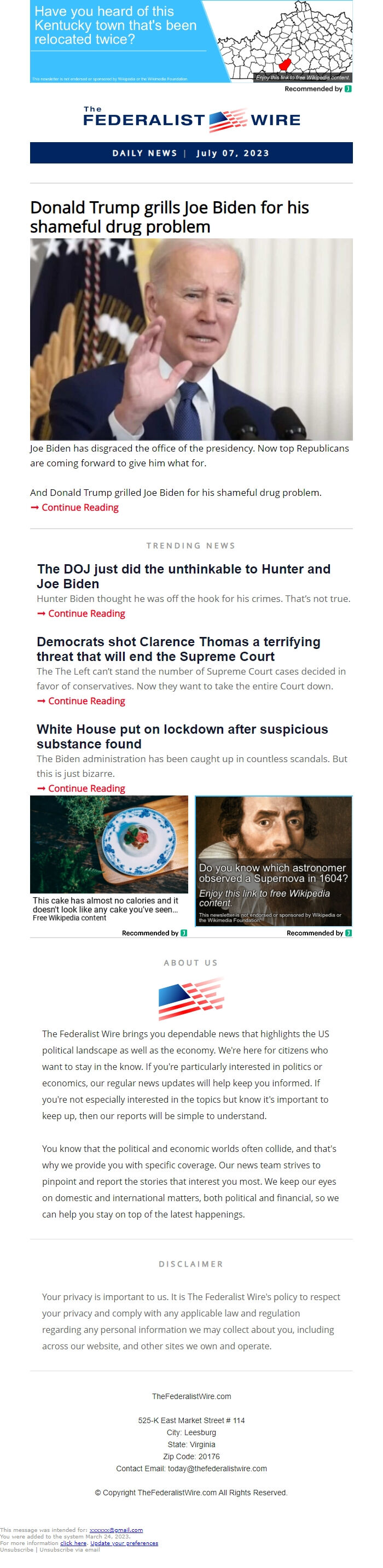 Screenshot of the email generated on import
