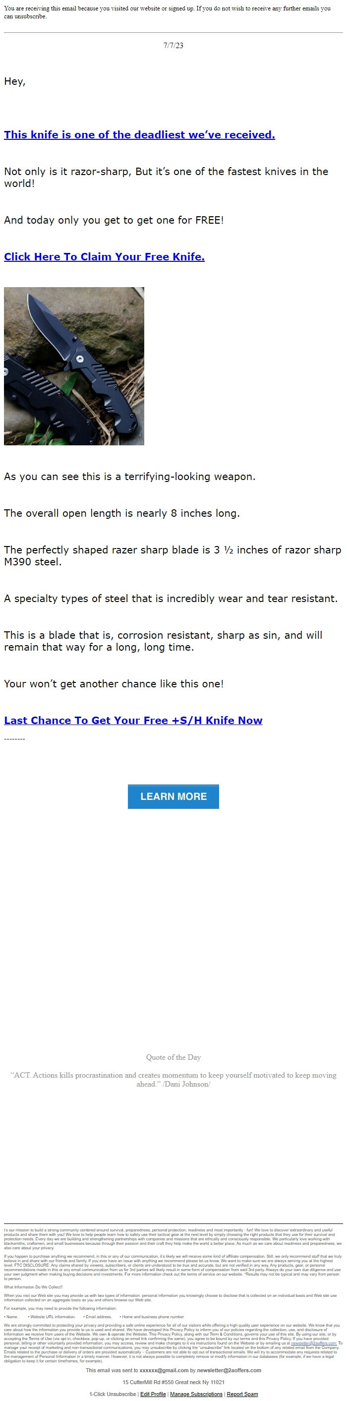 Screenshot of the email generated on import