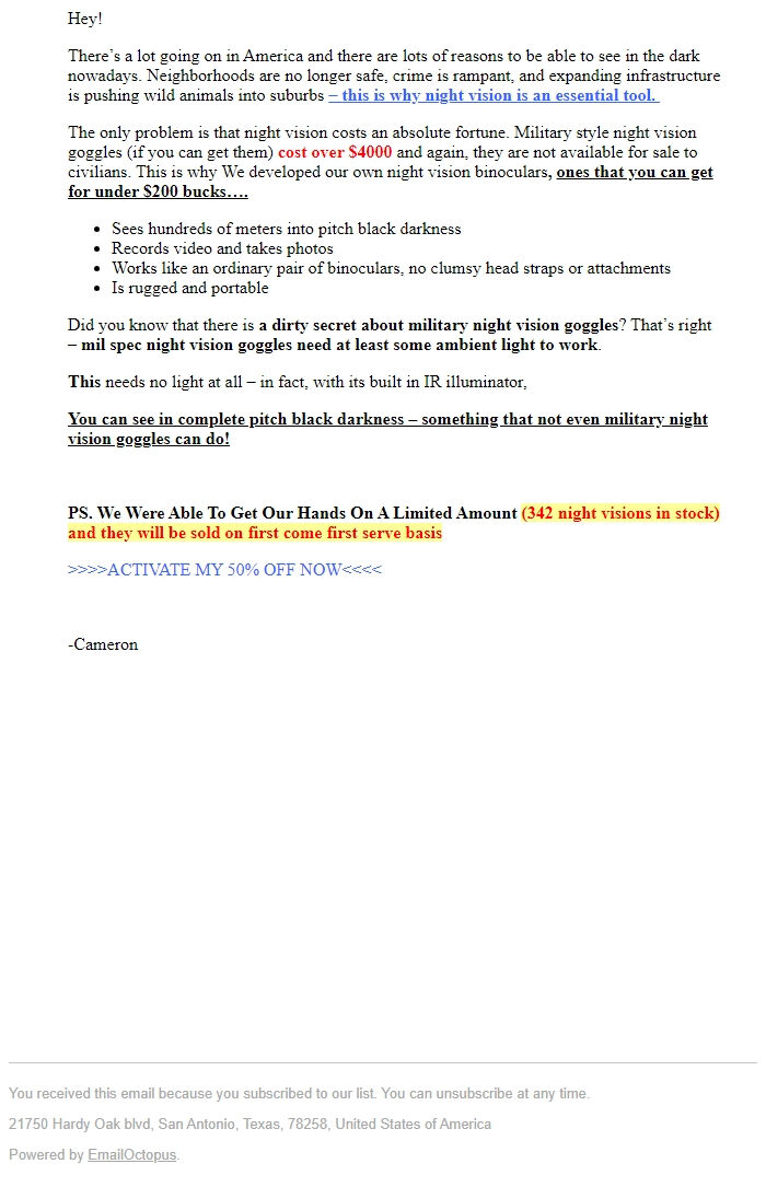 Screenshot of the email generated on import