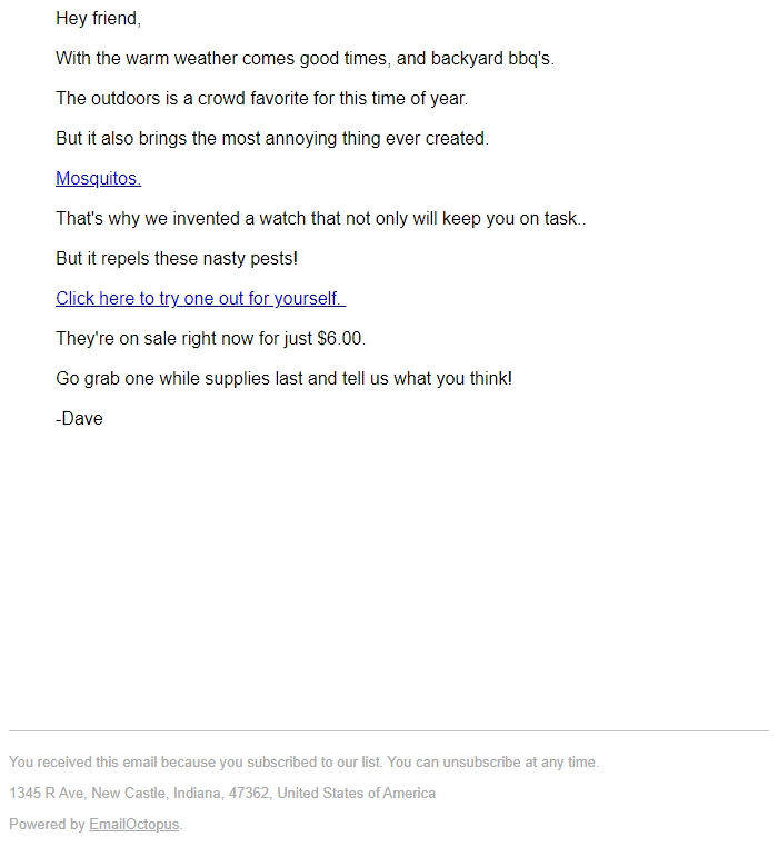 Screenshot of the email generated on import