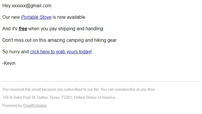 Screenshot of the email generated on import