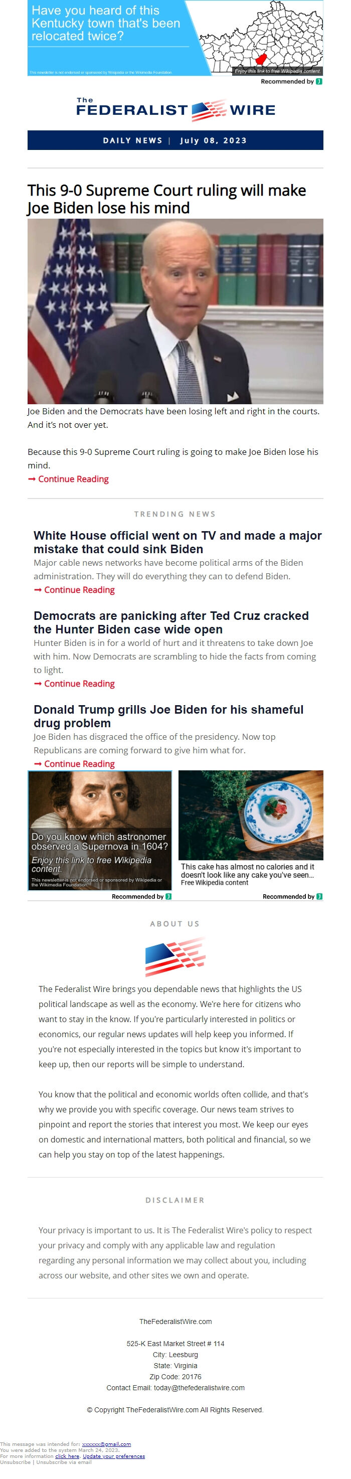 Screenshot of the email generated on import