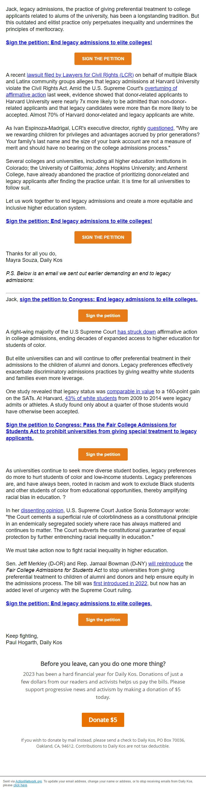 Screenshot of the email generated on import