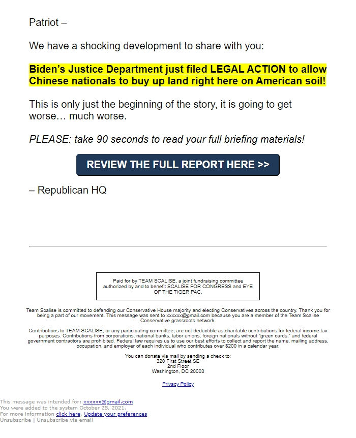 Screenshot of the email generated on import