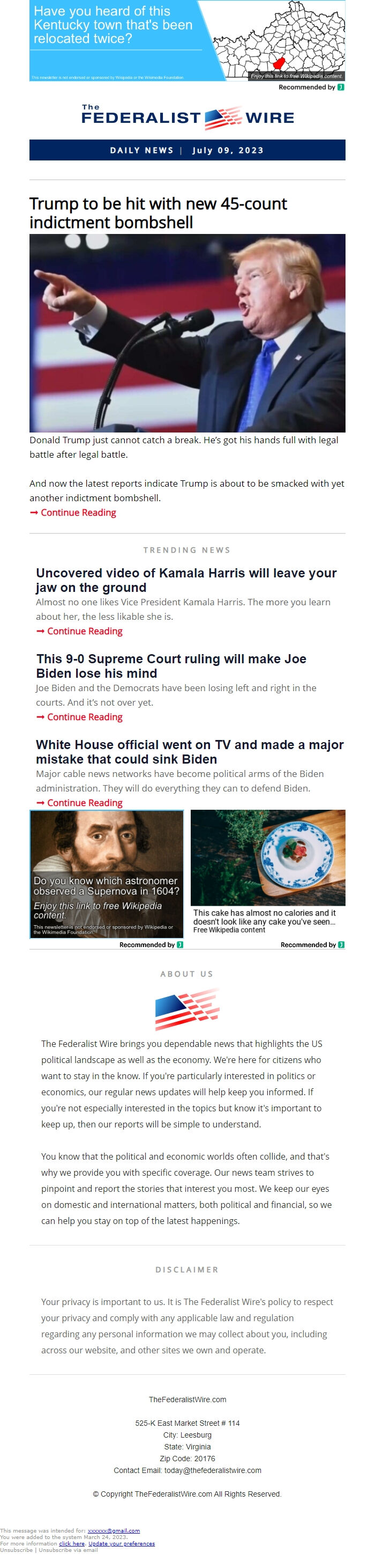 Screenshot of the email generated on import