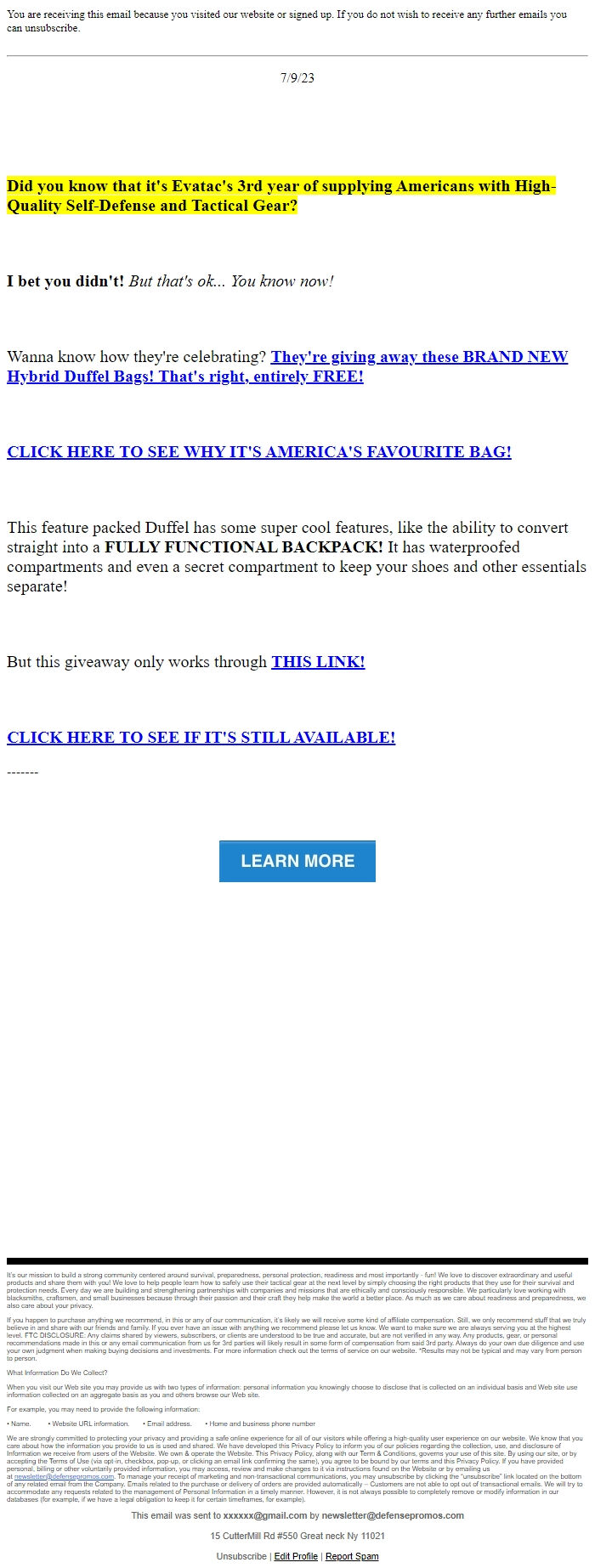 Screenshot of the email generated on import