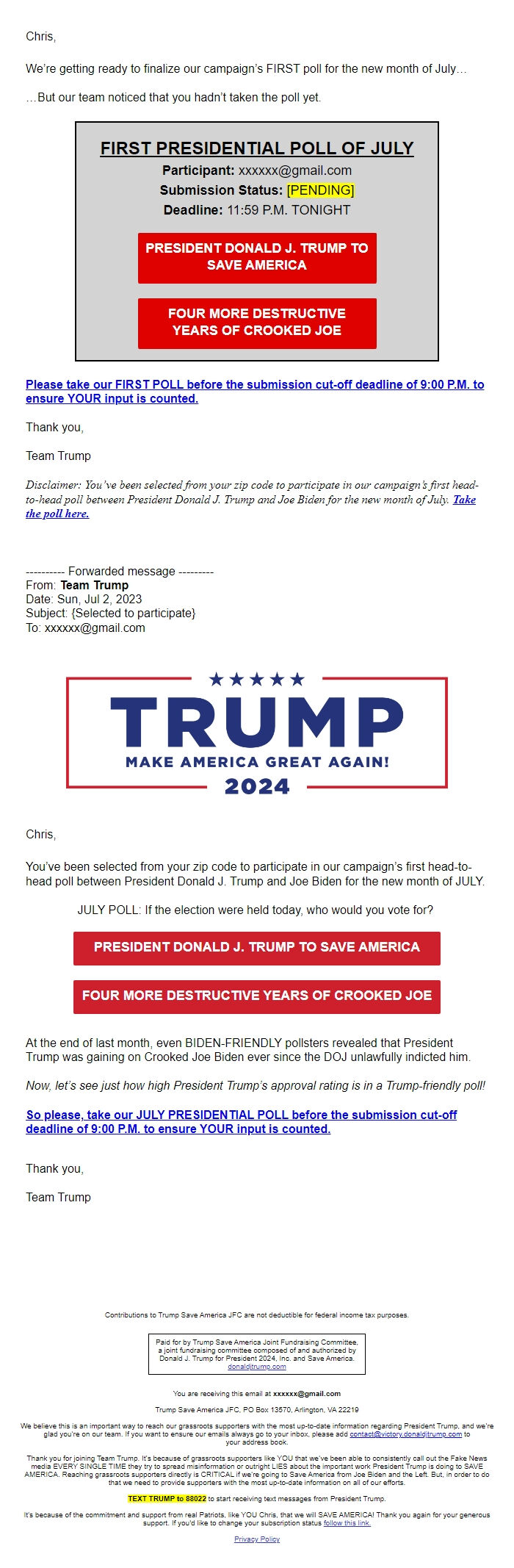 Screenshot of the email generated on import