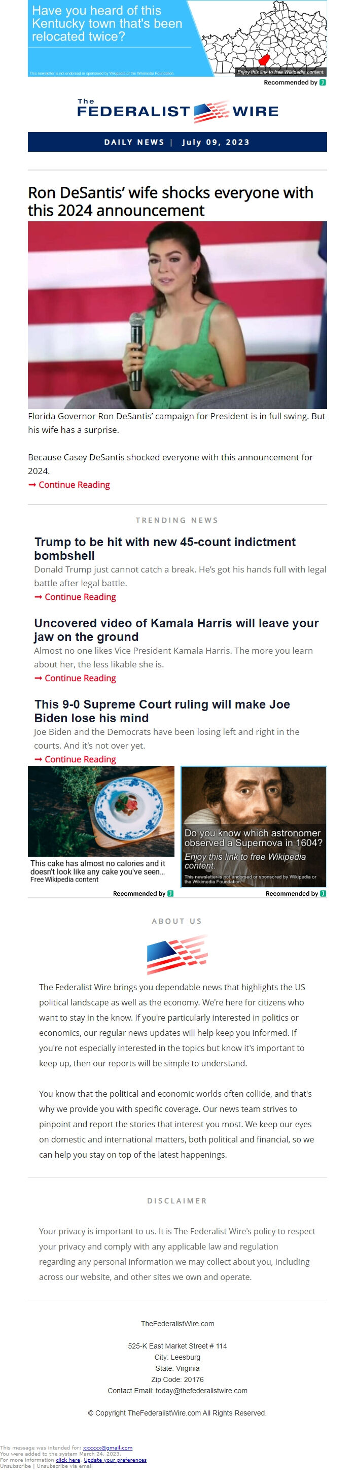 Screenshot of the email generated on import