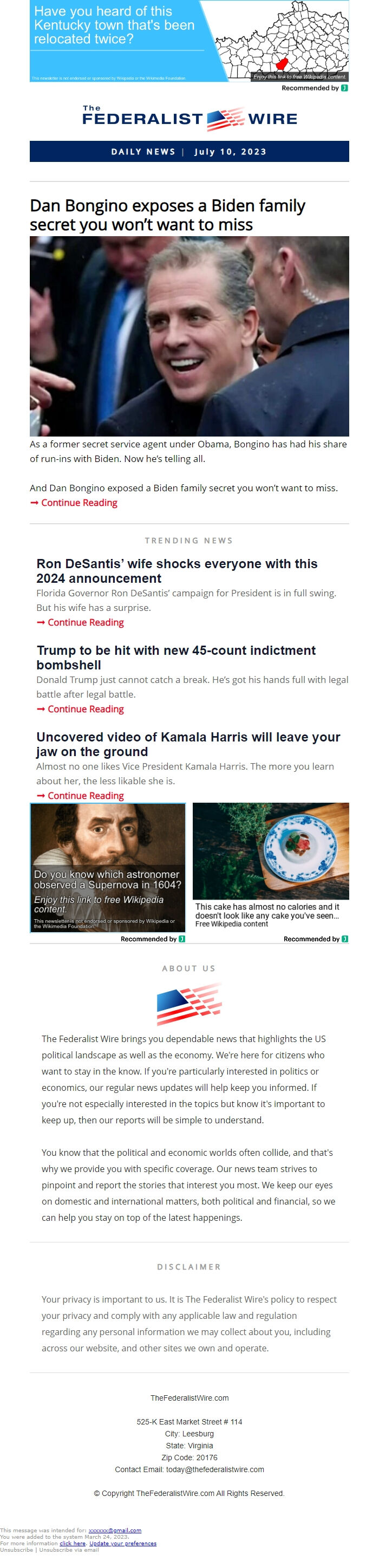 Screenshot of the email generated on import