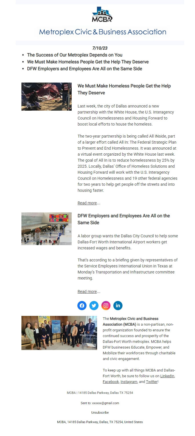 Screenshot of the email generated on import