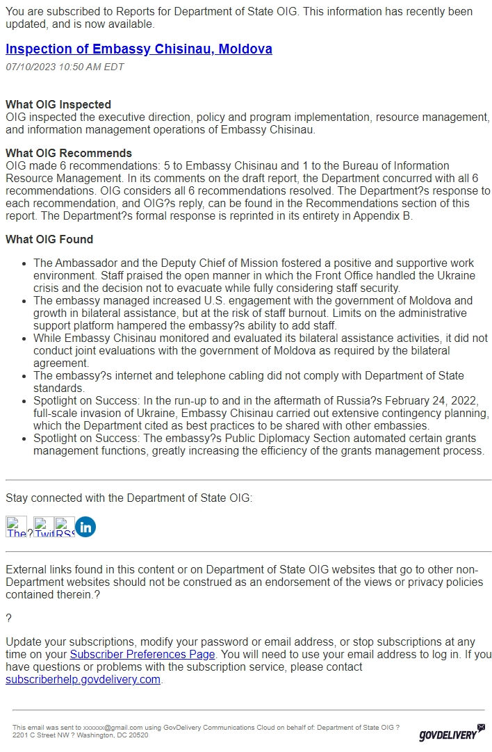 Screenshot of the email generated on import