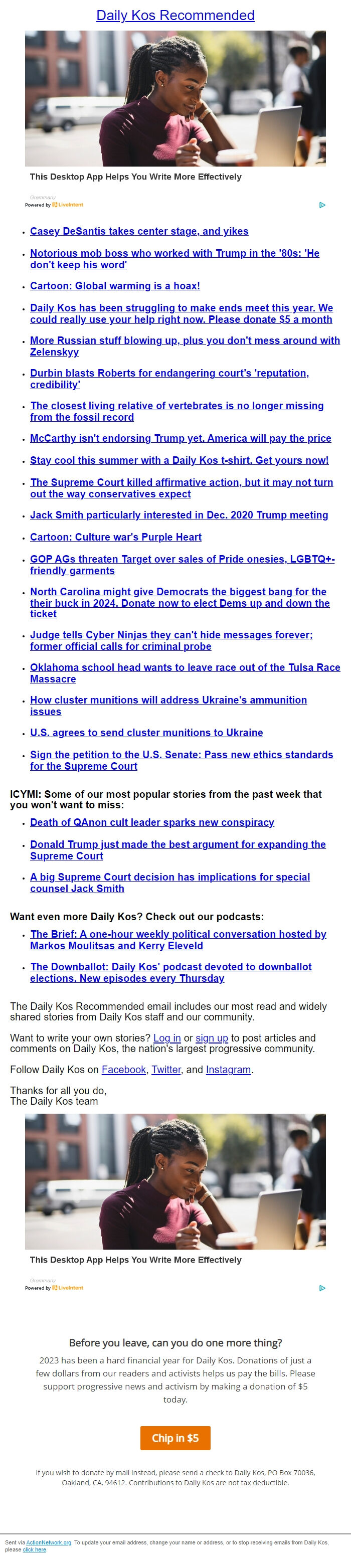 Screenshot of the email generated on import