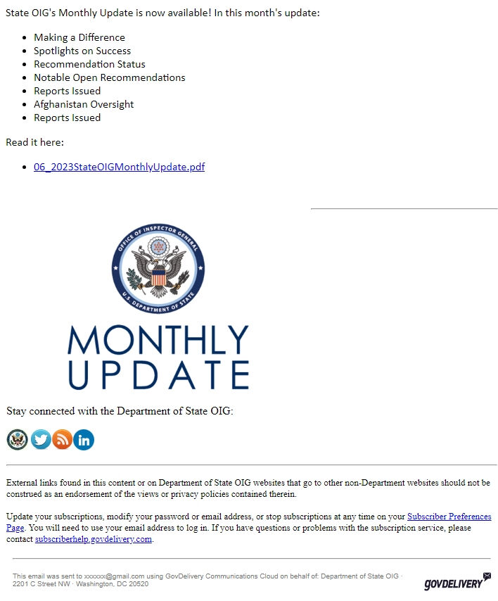 Screenshot of the email generated on import