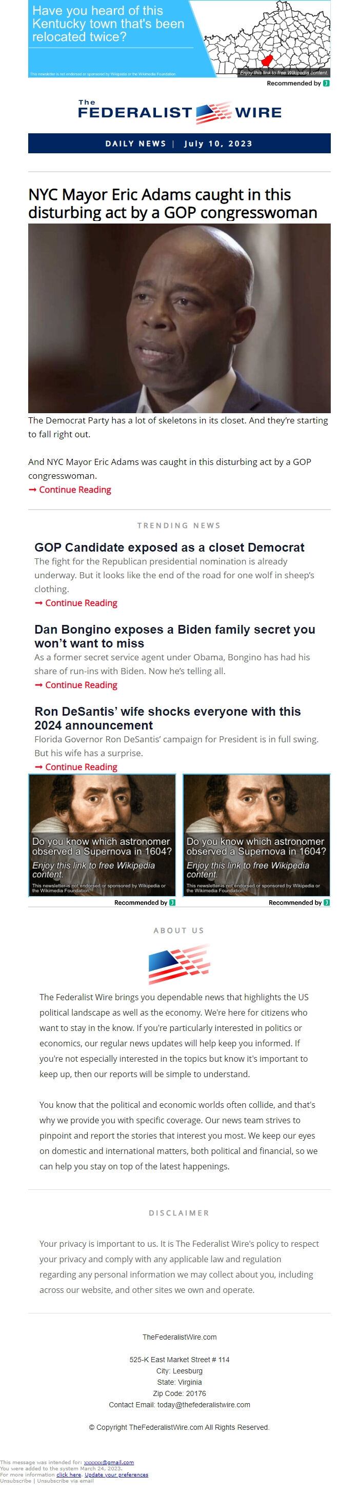 Screenshot of the email generated on import