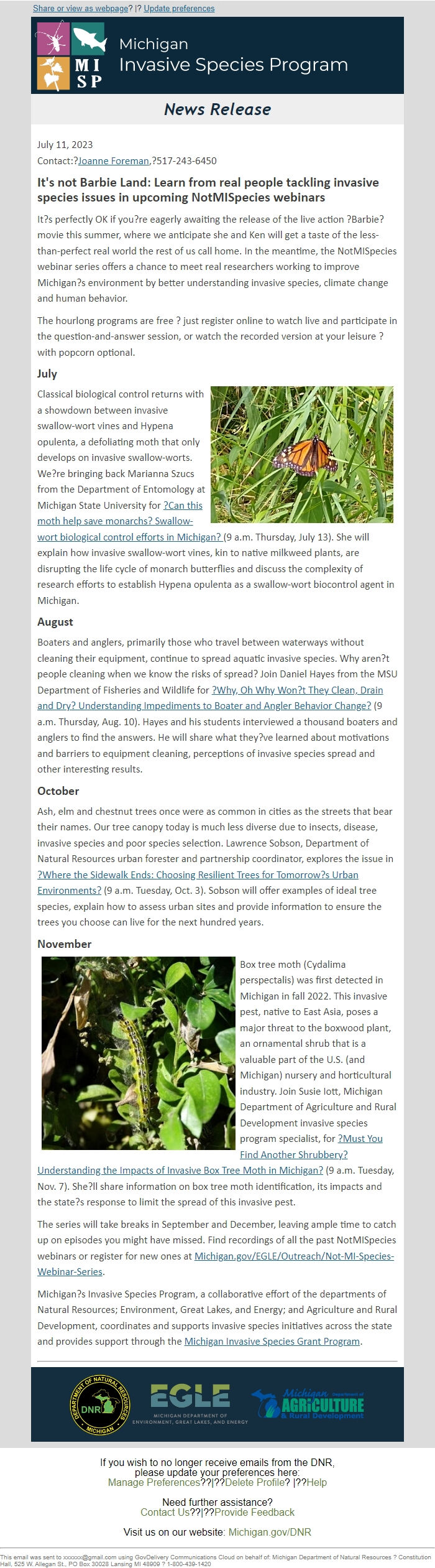 Screenshot of the email generated on import