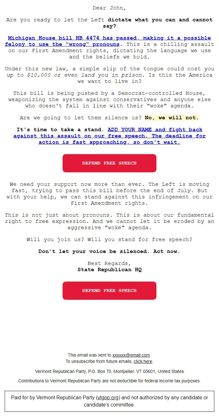 Screenshot of the email generated on import