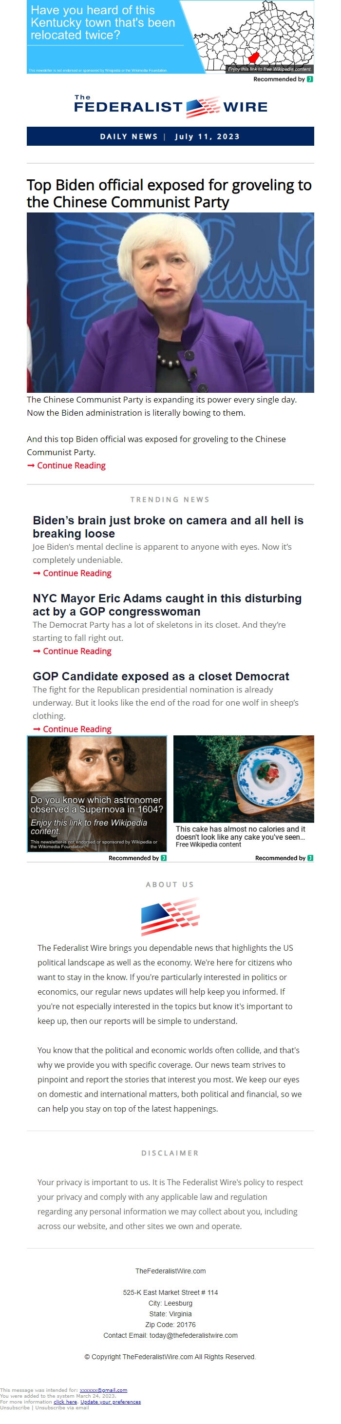 Screenshot of the email generated on import