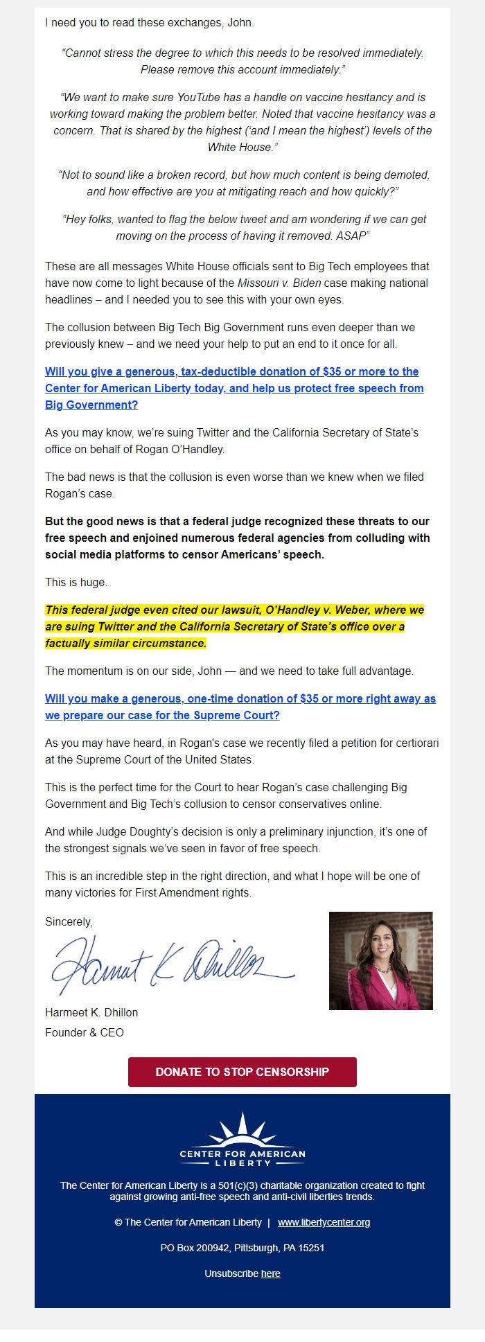 Screenshot of the email generated on import