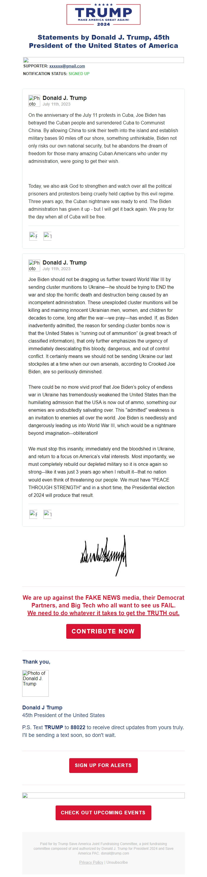 Screenshot of the email generated on import